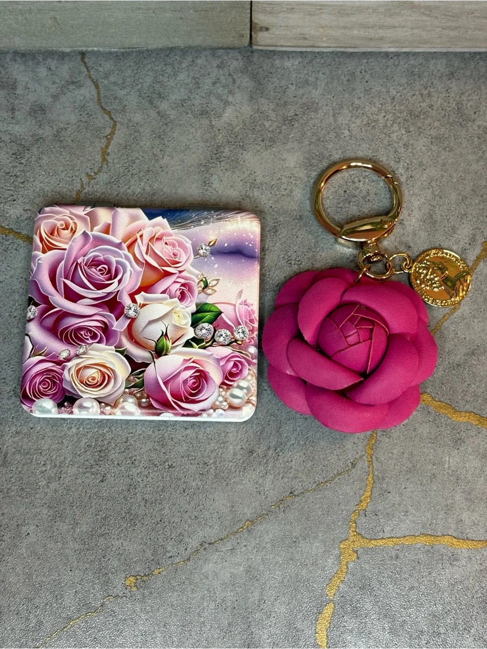 Pink Rose Key & Card Holder Set with Floral Compact and Rose Keyring
